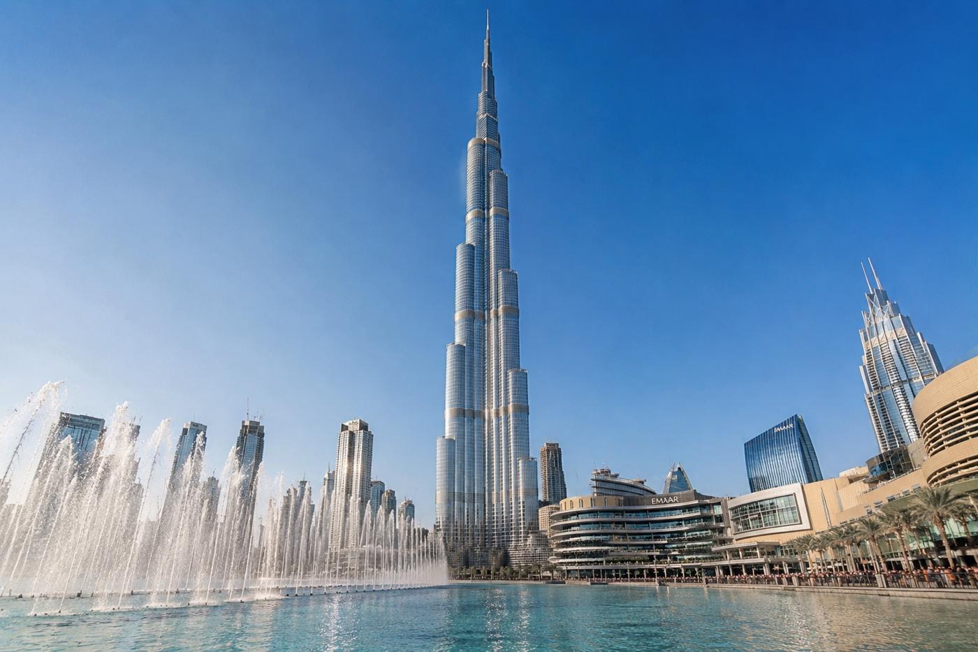 Dubai Fountain jets shooting from Burj Lake with Burj Khalifa tower behind