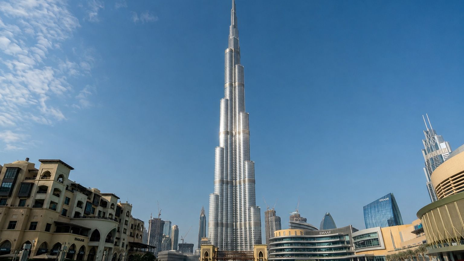 Burj Khalifa tower rising 828 meters from Dubai Mall waterfront on clear day