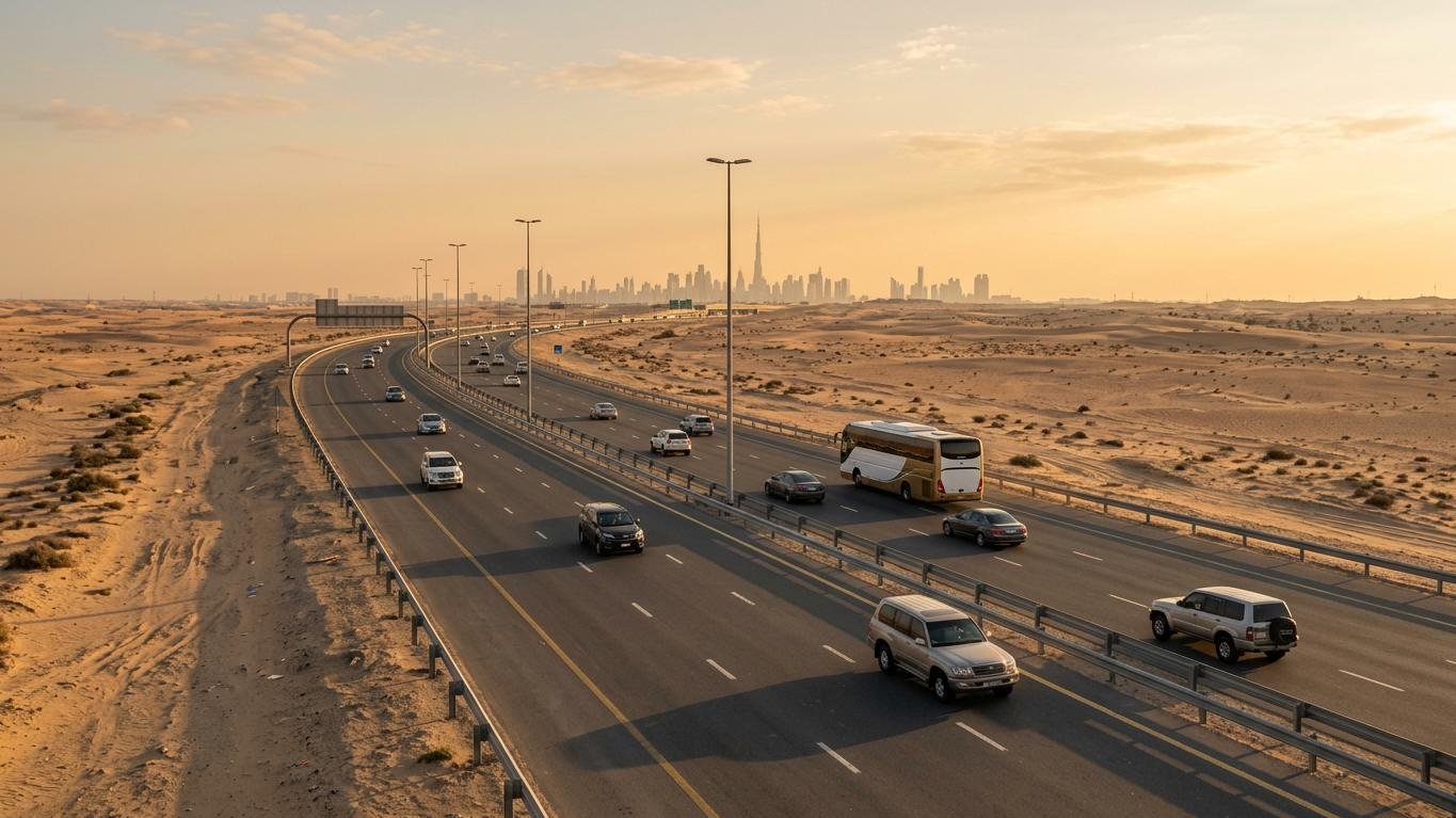 Sheikh Zayed Road E11 highway connecting Dubai and Abu Dhabi at golden hour