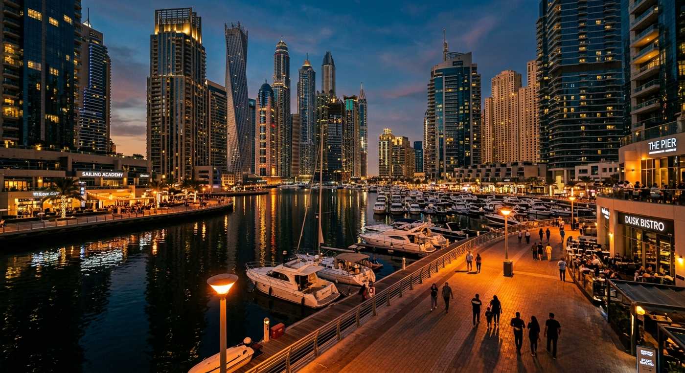 Dubai Marina waterfront promenade with modern skyscrapers and JBR Beach in foreground