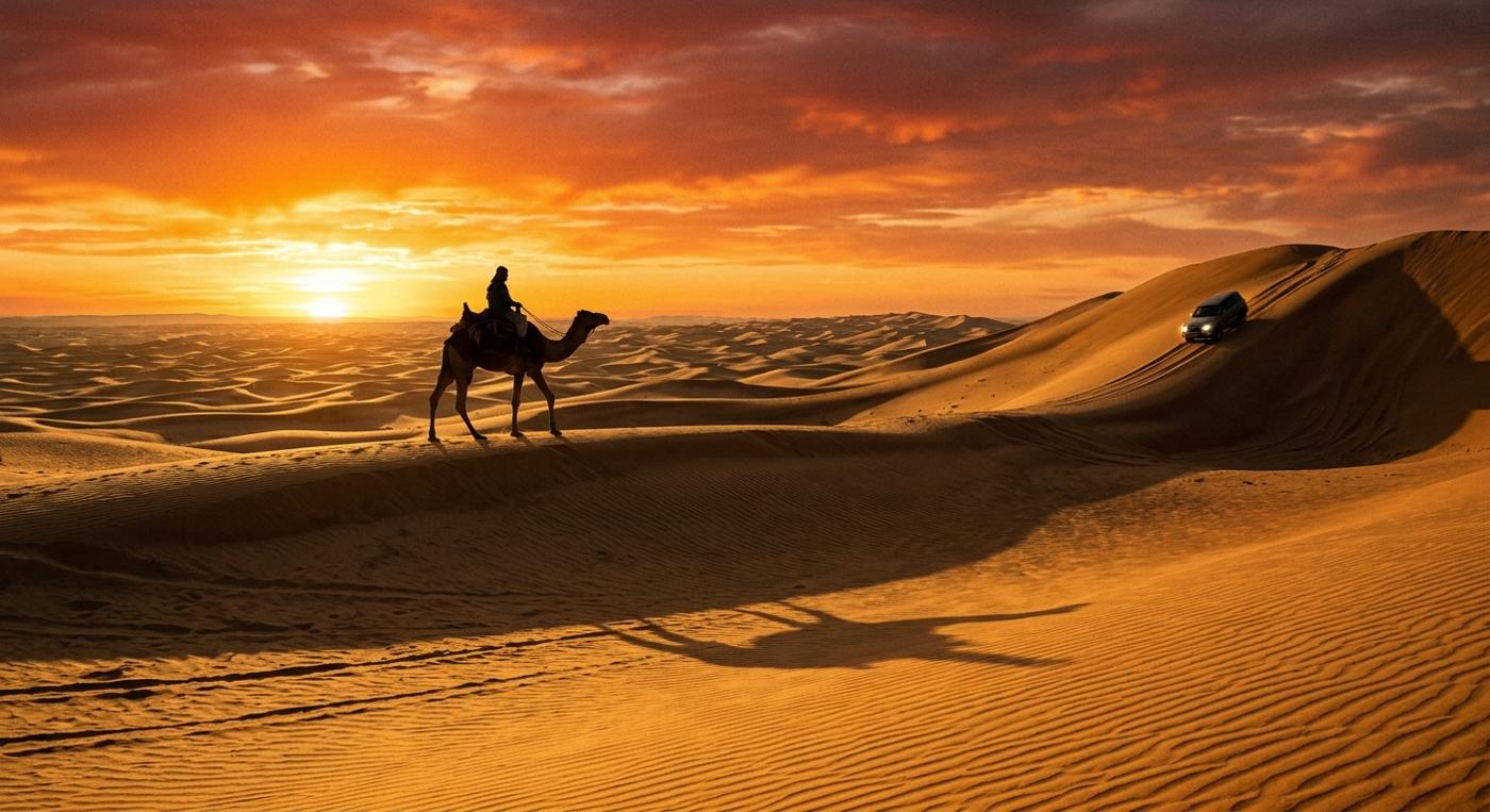 Four-wheel drive vehicle on red sand dunes during desert safari outside Dubai