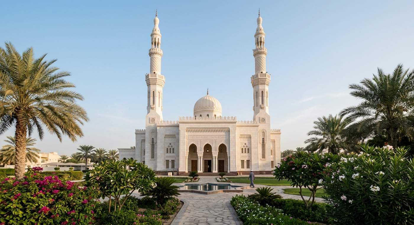 Jumeirah Mosque exterior with white stone facade and twin minarets in traditional Islamic architecture