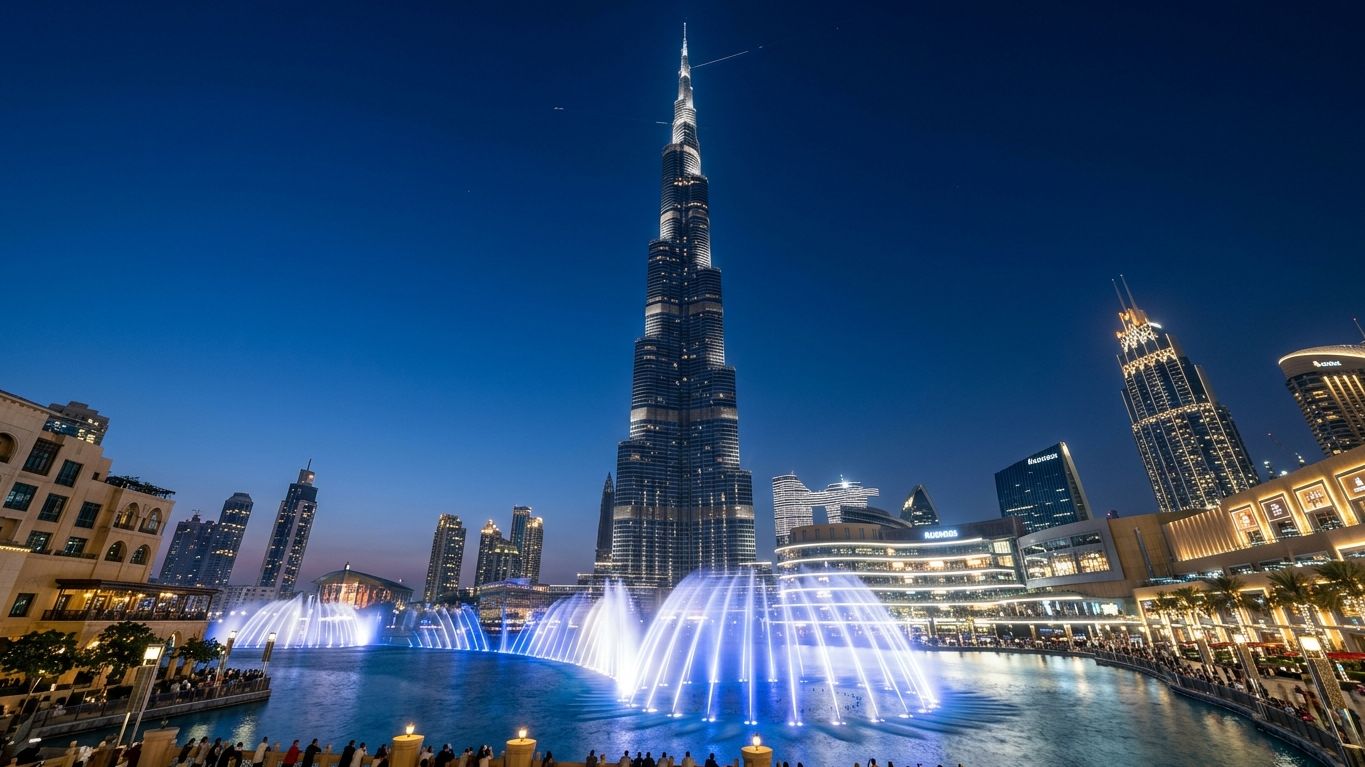 Burj Khalifa tower rising above Dubai Fountain and Downtown Dubai skyline at sunset