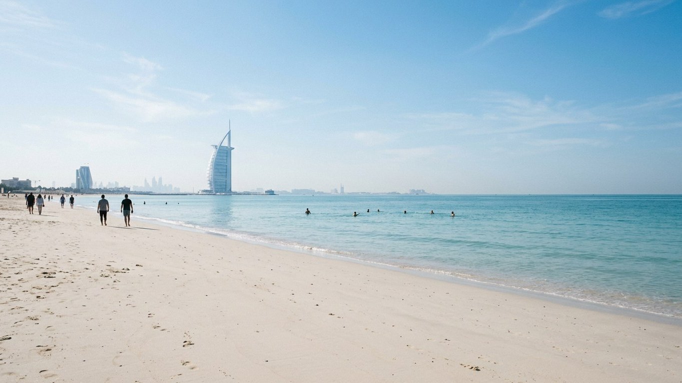 Wide clean Dubai city beach with pale sand and turquoise Arabian Gulf water