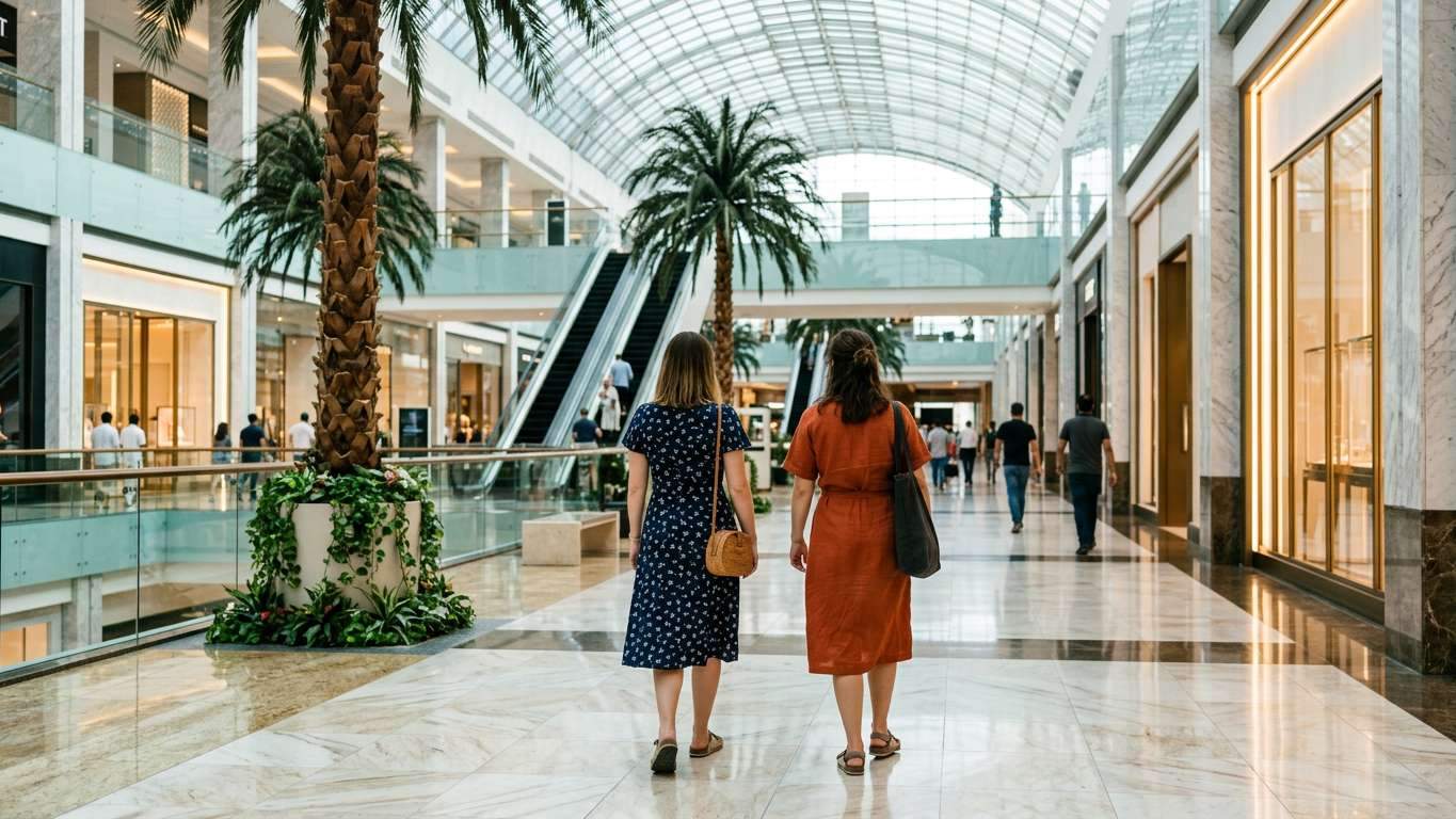 Two women wearing knee-length dresses with covered shoulders inside Dubai shopping mall