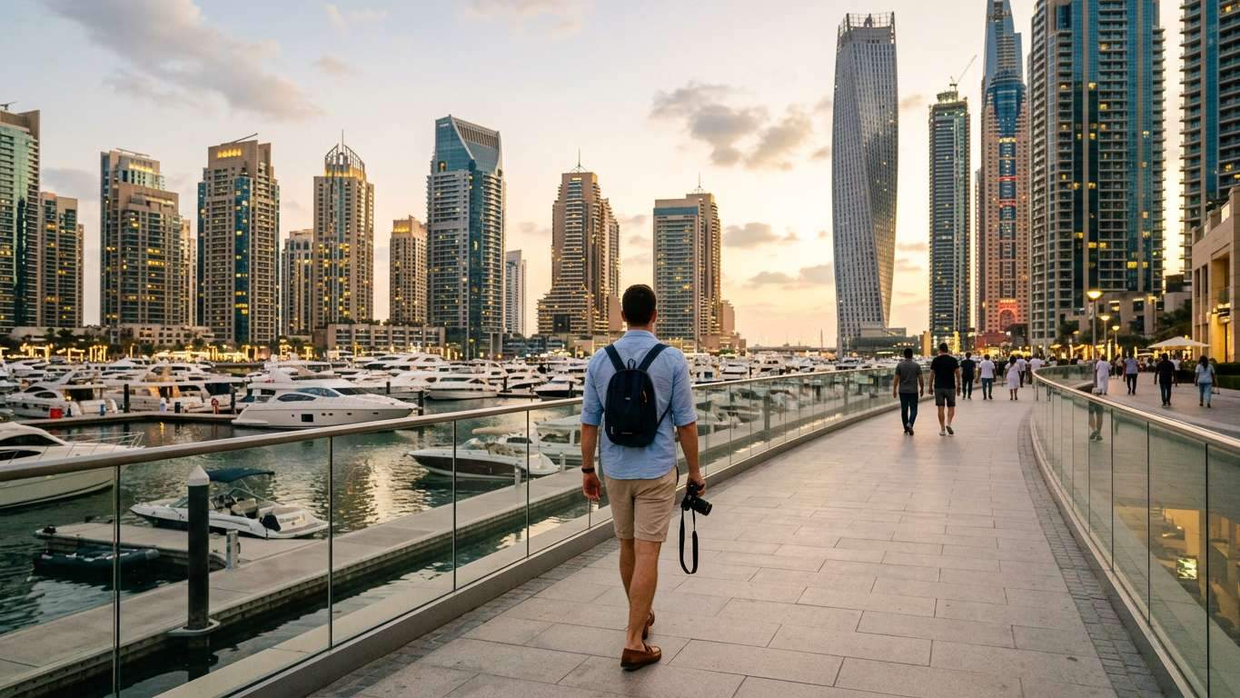Man in chino shorts and short-sleeve shirt walking along Dubai Marina promenade