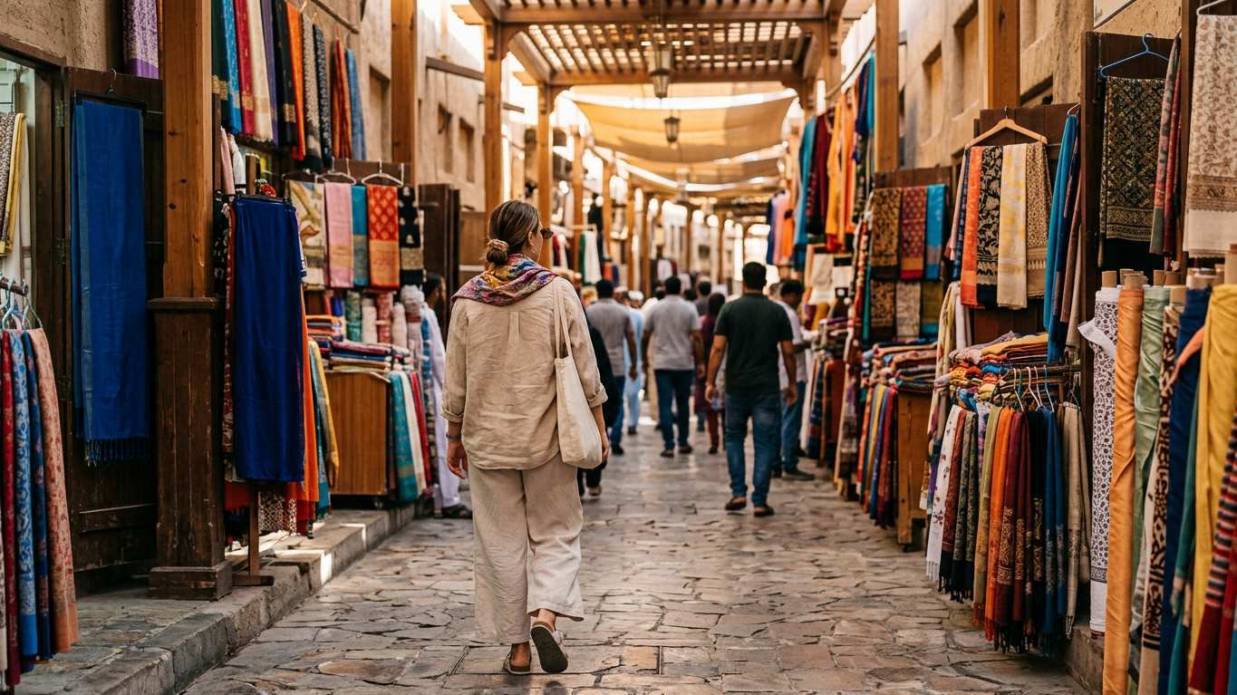 Female tourist in modest linen clothing walking through traditional Dubai textile souk