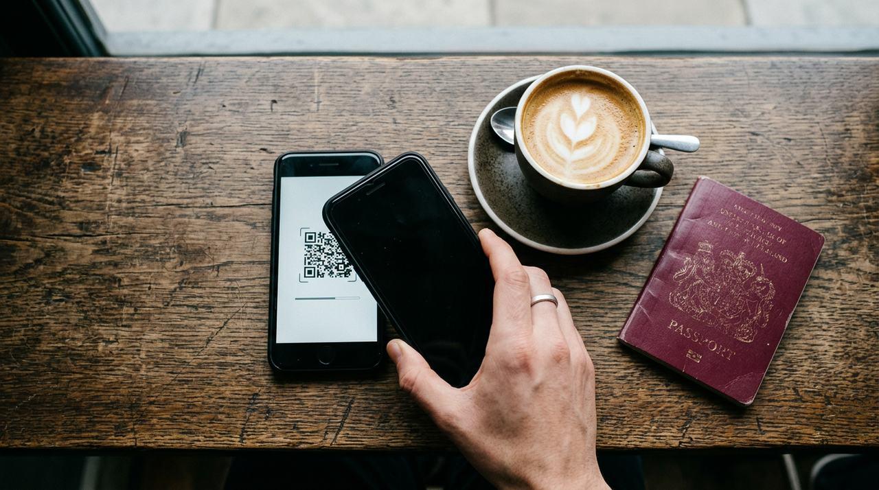 Phone on cafe table scanning QR code from second phone beside coffee and passport