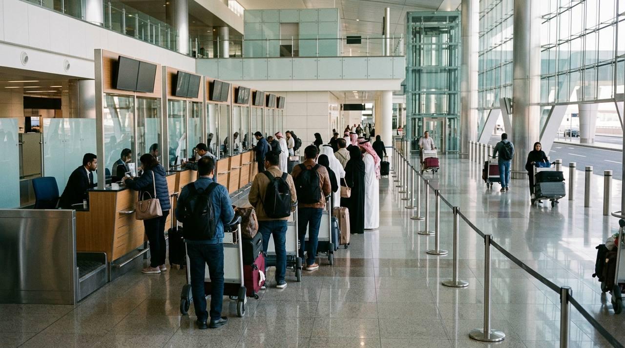 Tourist SIM counters with queue of arriving passengers with luggage at Dubai airport