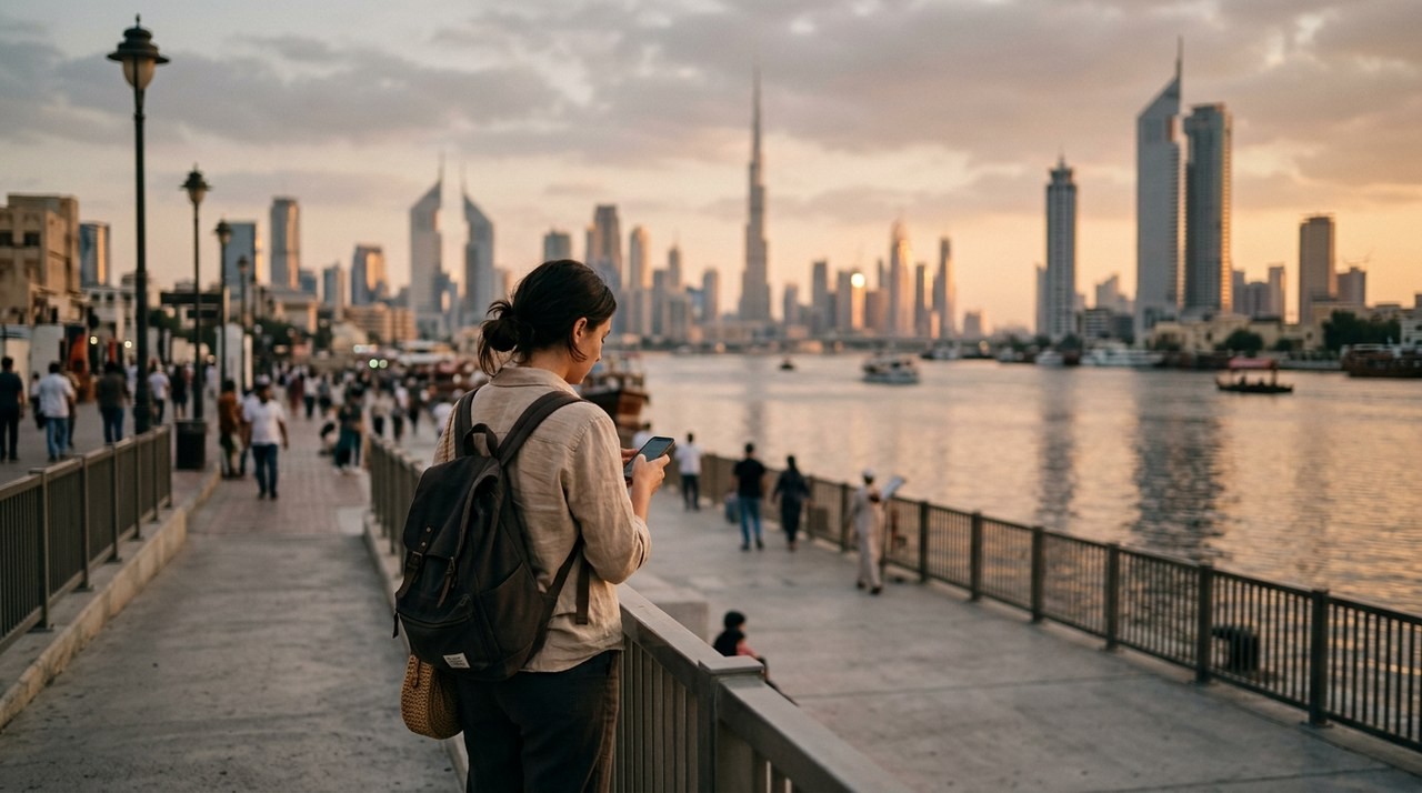 Traveller checking phone on Dubai waterfront promenade at golden hour with skyline view