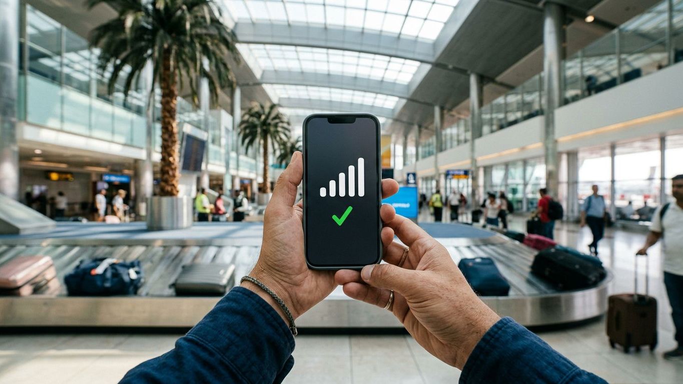 Traveller holding smartphone with full signal bars and green tick at Dubai airport arrivals