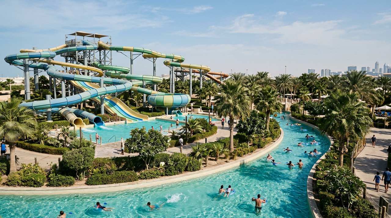 Outdoor water park with tall winding slides lazy river and palm trees on bright day