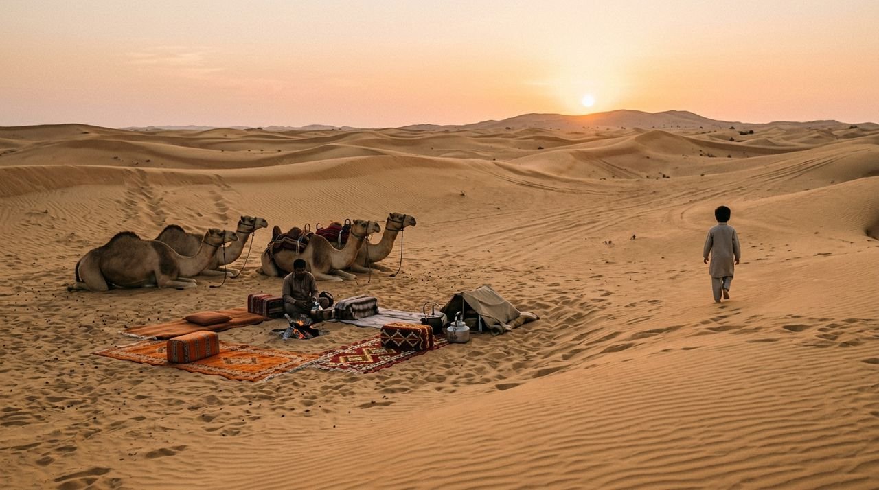 Child walking on desert dunes at sunset with camels and traditional Bedouin camp carpets