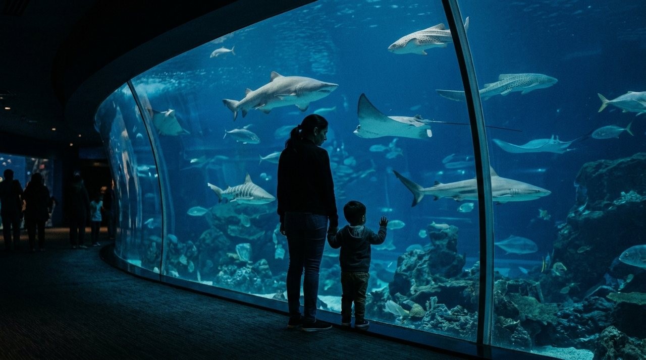 Parent and small child viewing sharks and rays through curved aquarium window in Dubai