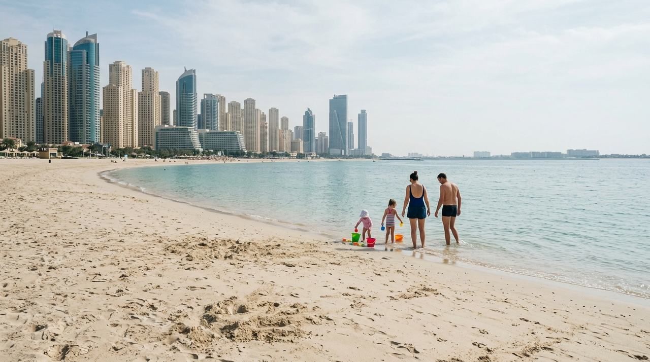 Wide public sand beach with calm turquoise water and family with small children at edge