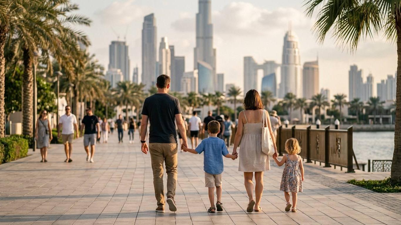 Family with two young children walking along sunny Dubai waterfront promenade from behind