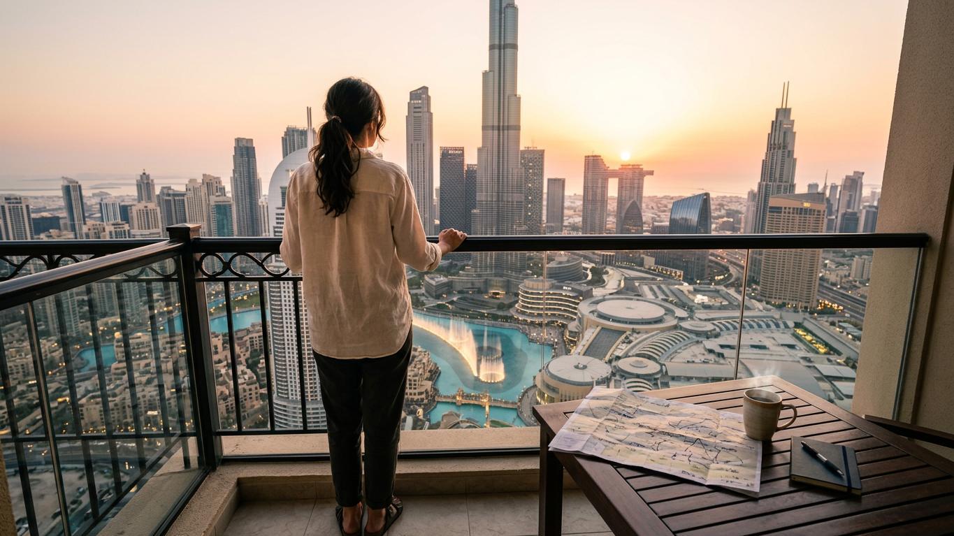 Traveller viewing Downtown Dubai skyline and Burj Khalifa from balcony at sunrise