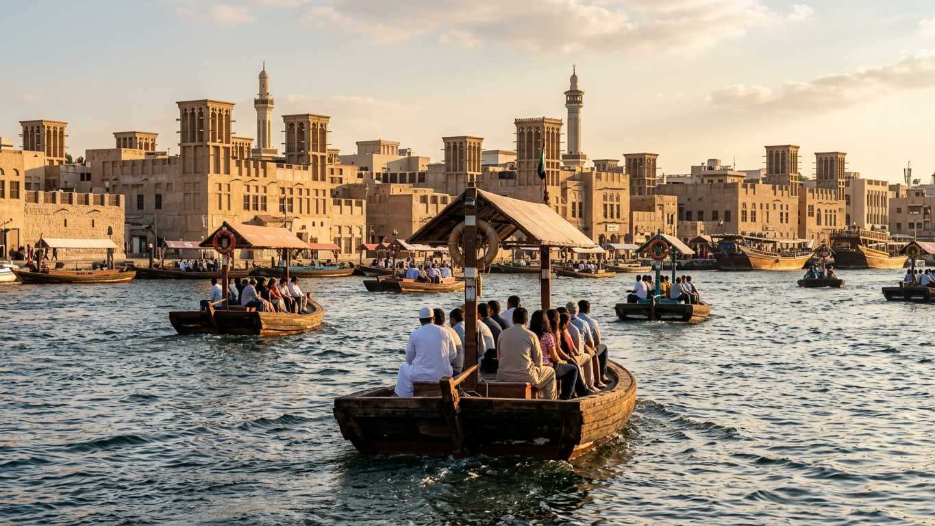 Traditional abra wooden boats crossing Dubai Creek near Al Fahidi souks during daytime