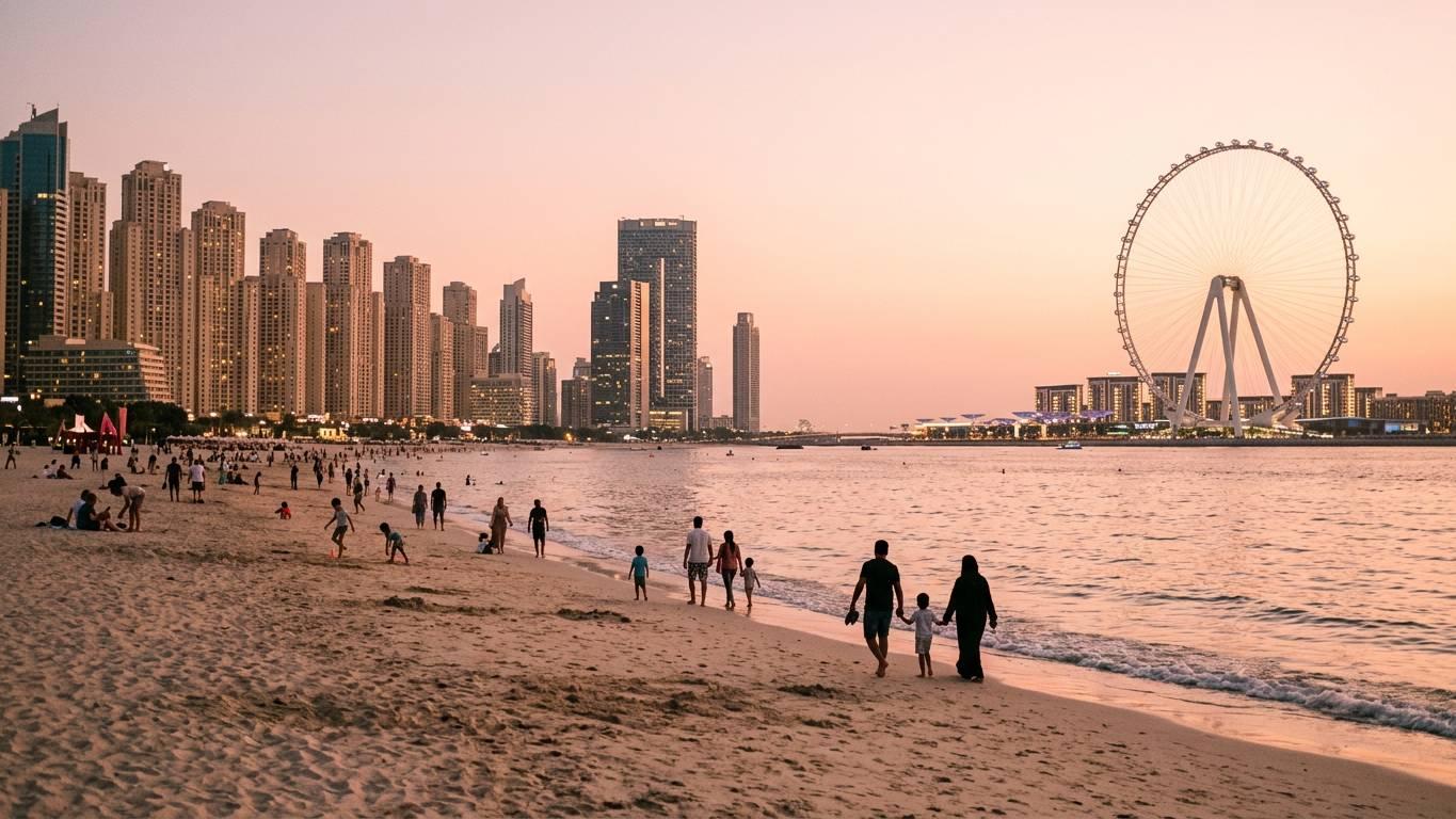 JBR beach with Dubai Marina towers visible in background during evening hours