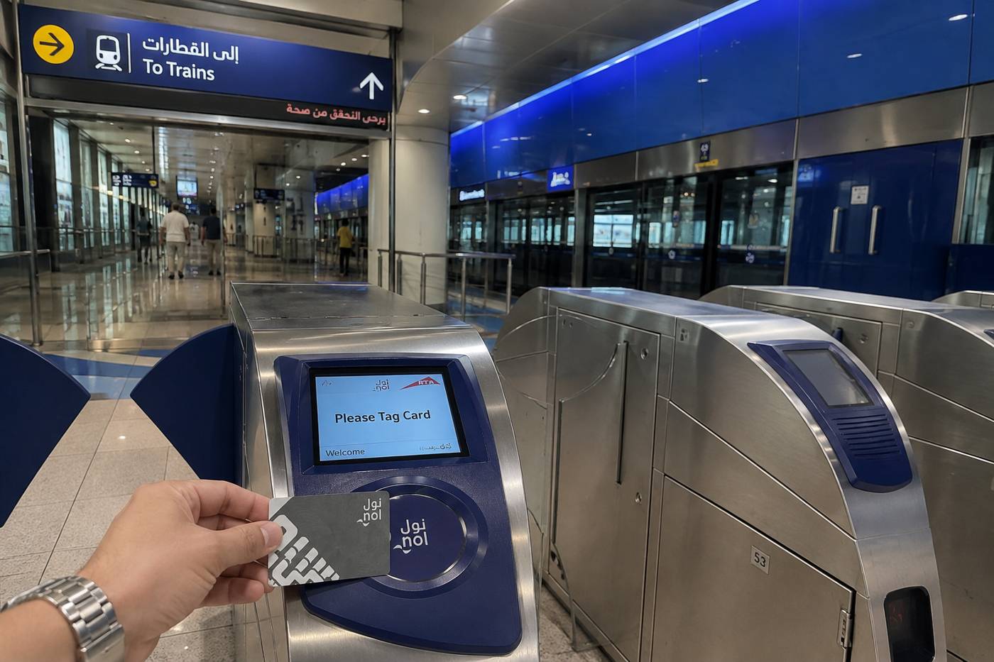 Passenger tapping Nol card on metro gate reader at Dubai station entrance