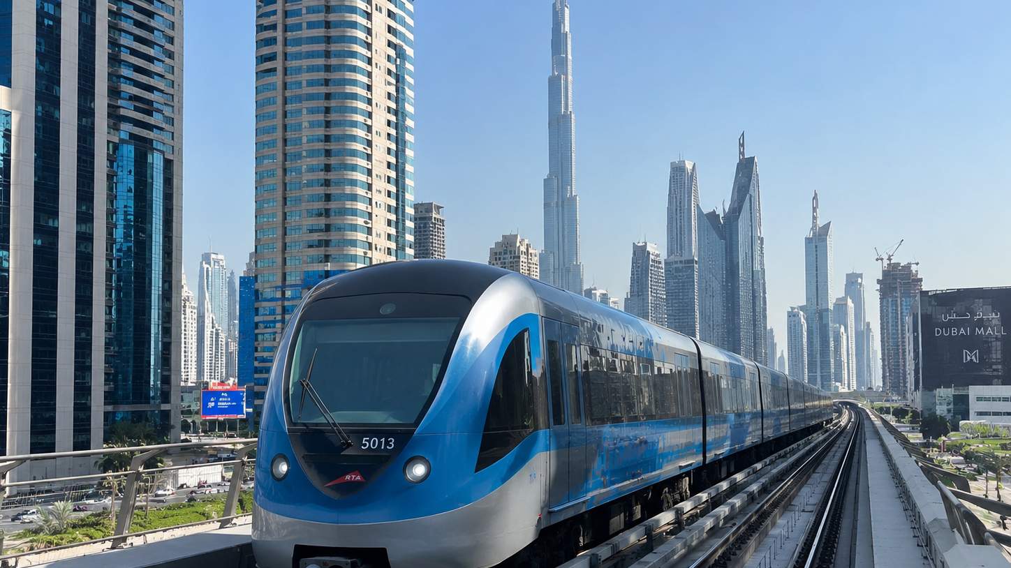 Dubai Metro train at elevated station platform with modern city skyline