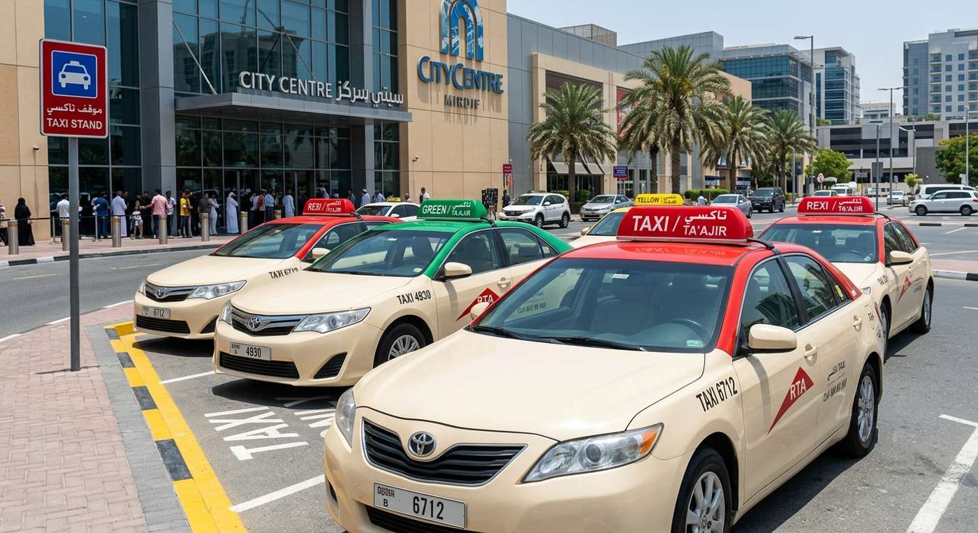 Official RTA taxi with colored roof sign parked at designated taxi stand