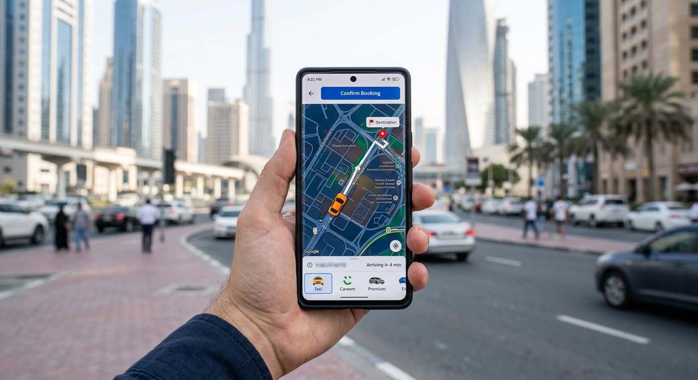 Person using smartphone to book taxi through RTA Dubai Taxi mobile app