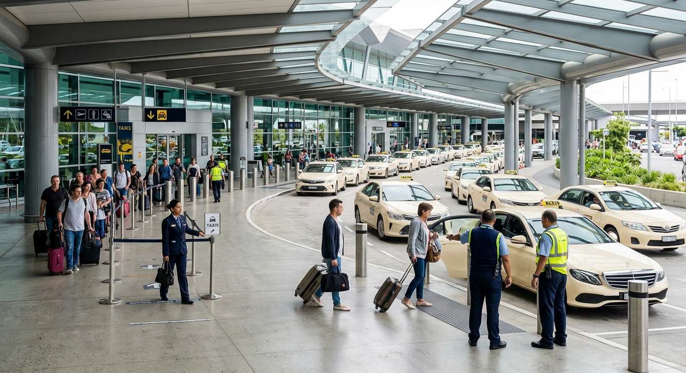 Taxi queue at Dubai International Airport arrivals level with passengers waiting