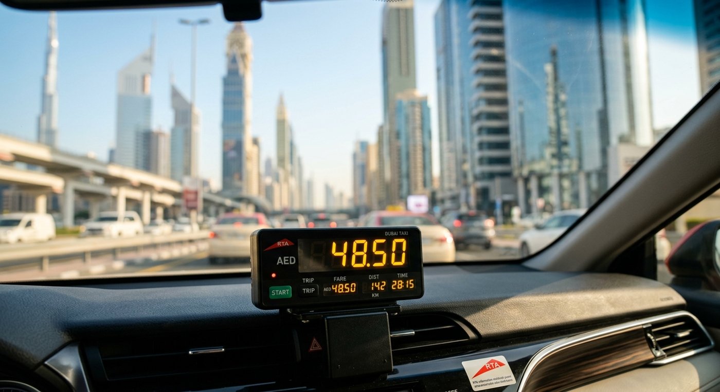 Dubai taxi meter display showing fare calculation and payment card reader