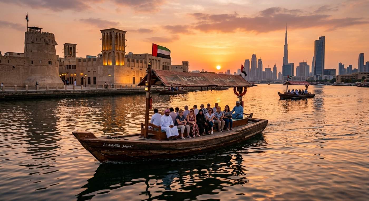Dubai Metro train and traditional Abra water taxi on Creek showing transport alternatives