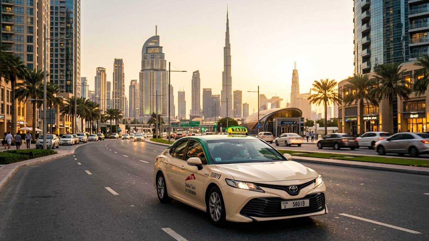 Cream-colored RTA taxi on Dubai street with modern skyline in background