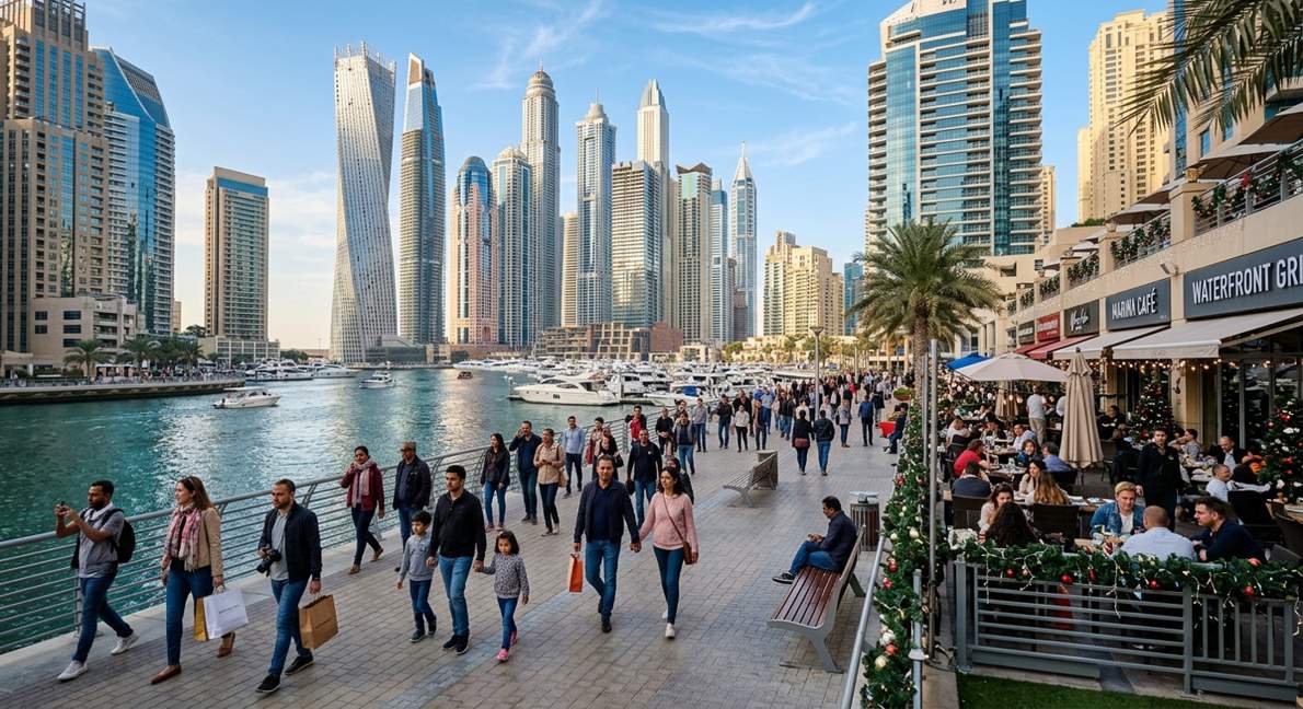 Dubai skyline and waterfront during comfortable winter weather with clear blue skies