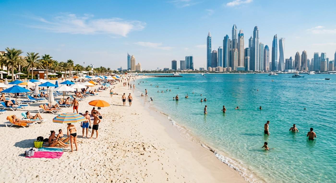 Jumeirah Beach with turquoise water and sunbathers during ideal beach weather conditions