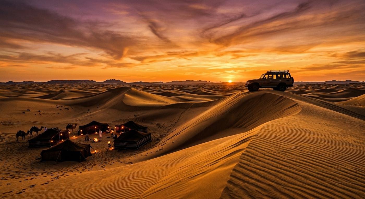 Desert safari camp at sunset with comfortable evening temperatures in cooler months