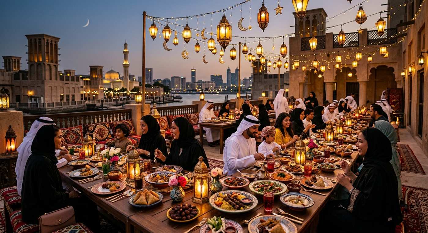 Traditional Iftar buffet spread during Ramadan evening at Dubai hotel restaurant
