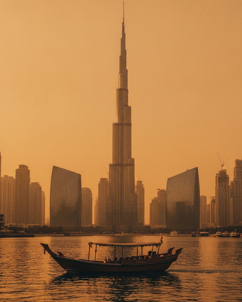 Burj Khalifa and Downtown Dubai skyline at golden hour with a traditional abra boat