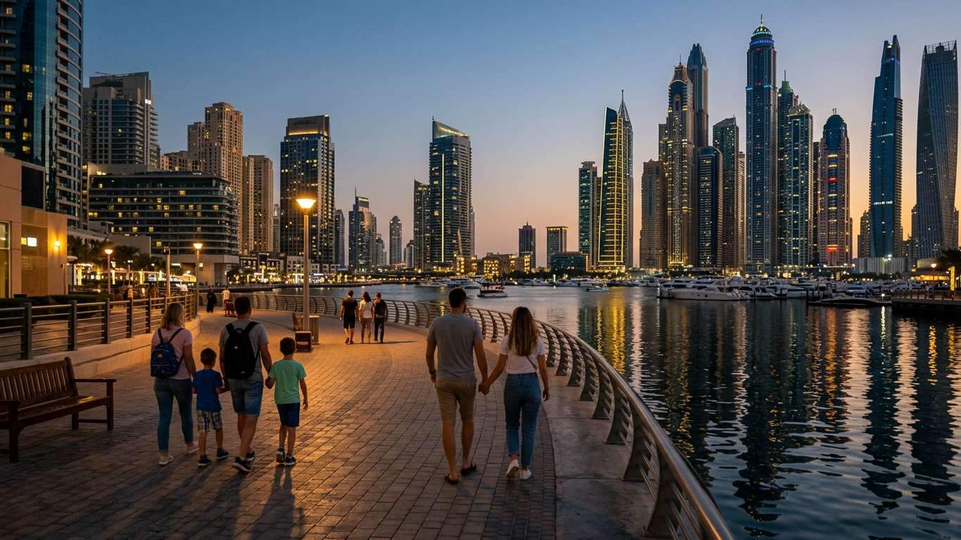 Dubai Marina promenade at dusk with families walking along waterfront
