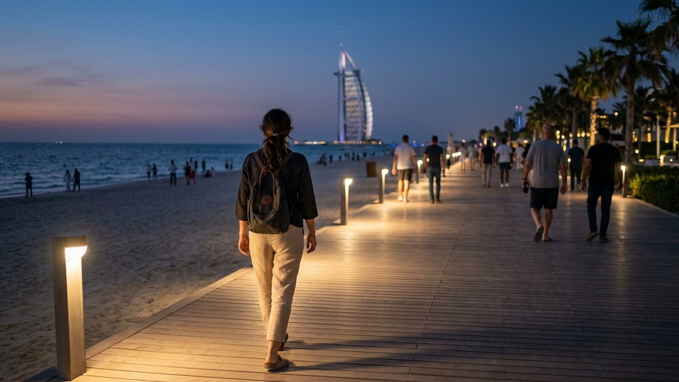Solo female traveler walking along illuminated beach boardwalk at night