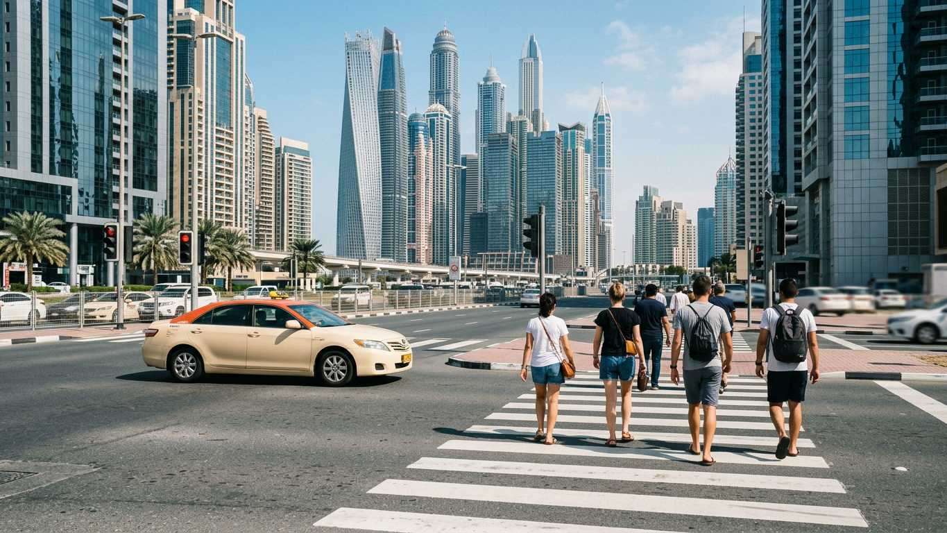 Pedestrians crossing zebra crossing with taxi waiting at traffic light