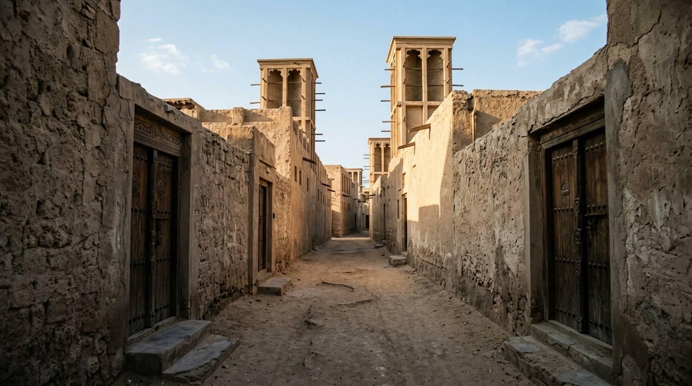 Narrow sandy alley in Al Fahidi with coral-stone walls, wooden doors and wind towers
