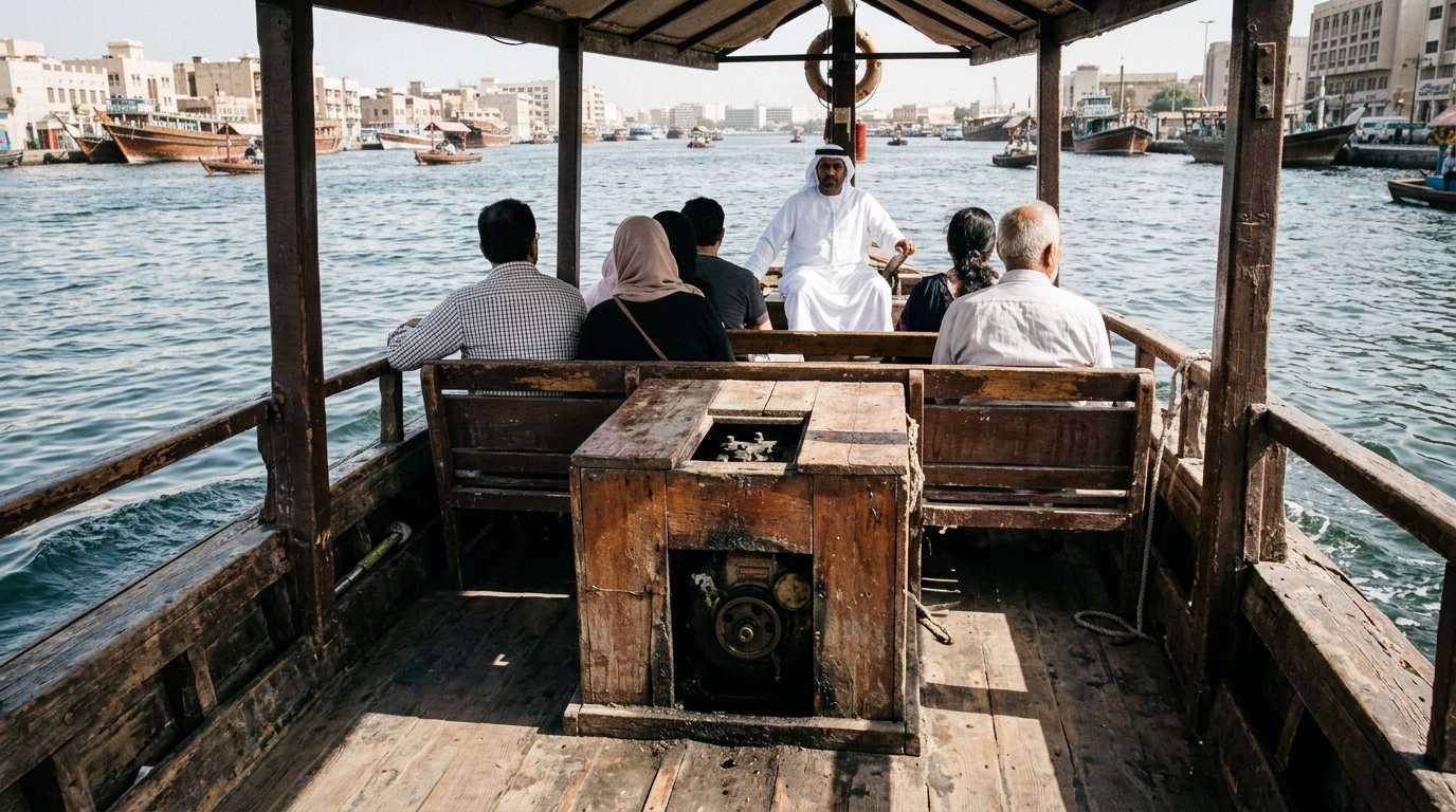 Inside a wooden abra crossing Dubai Creek with worn benches, passengers and skipper at tiller