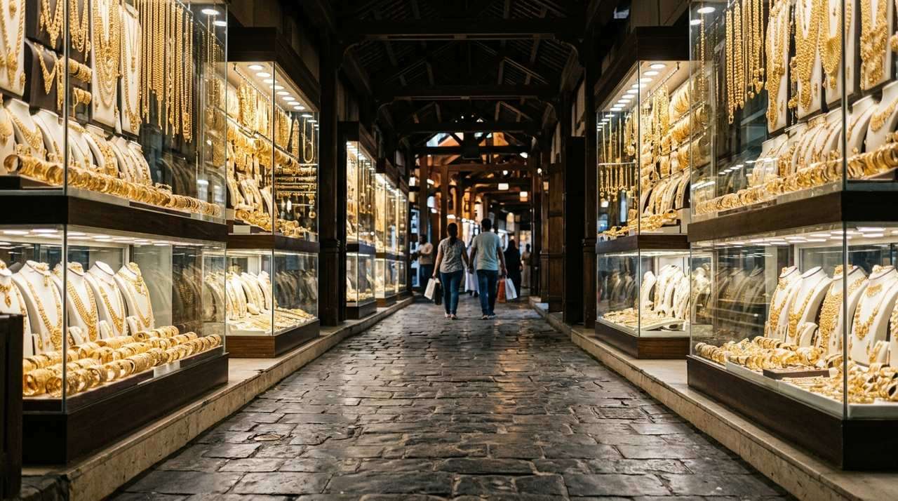 Covered lane of Deira Gold Souk at night with glass windows packed with gold jewellery
