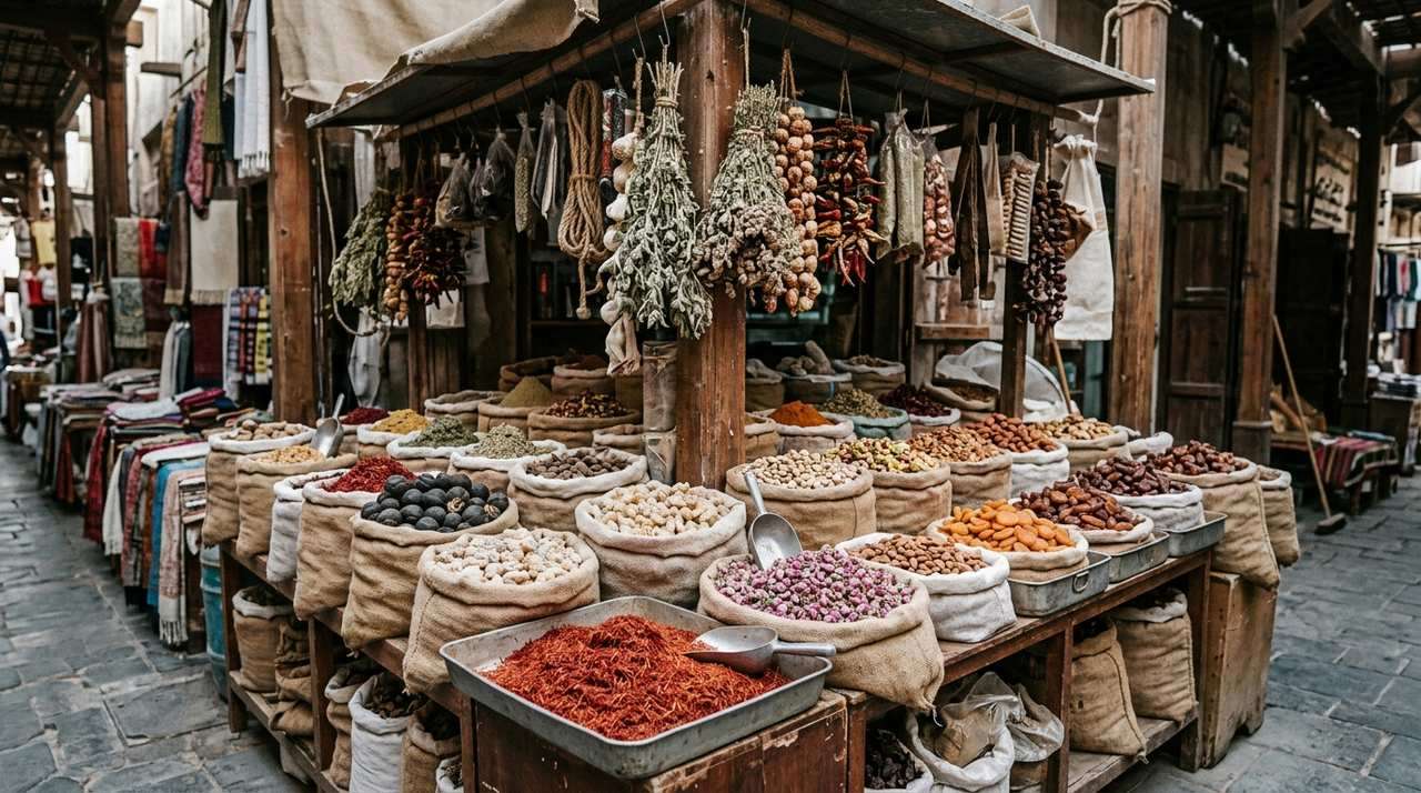 Spice market stall with open sacks of saffron, dried lemons, frankincense and rose buds