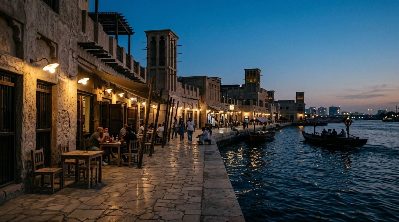 Al Seef waterfront at dusk with heritage-style wind tower buildings, lit cafes and abra passing