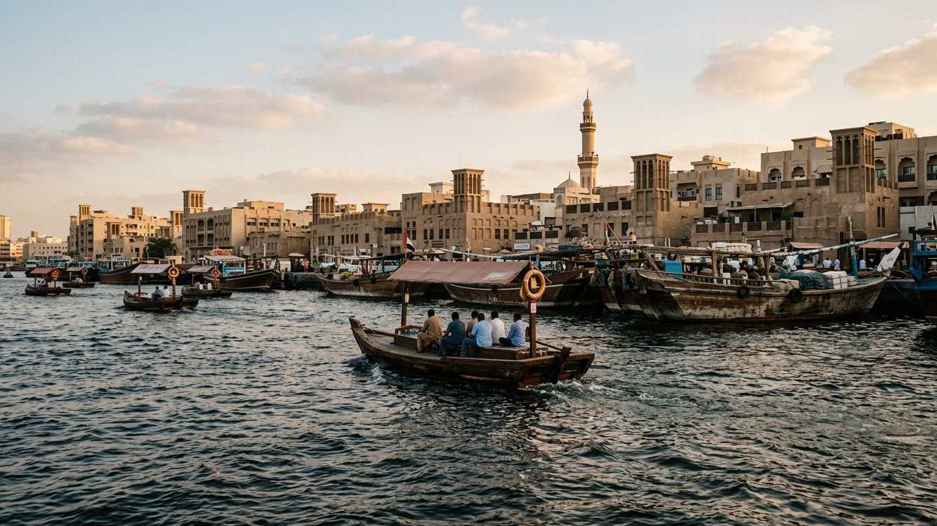 Wide golden-hour view of Dubai Creek with wooden abra water taxis and old Deira waterfront